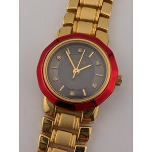 Capezio Watch Women 24mm Case Red Bezel Gold 7.25" Band- New Battery